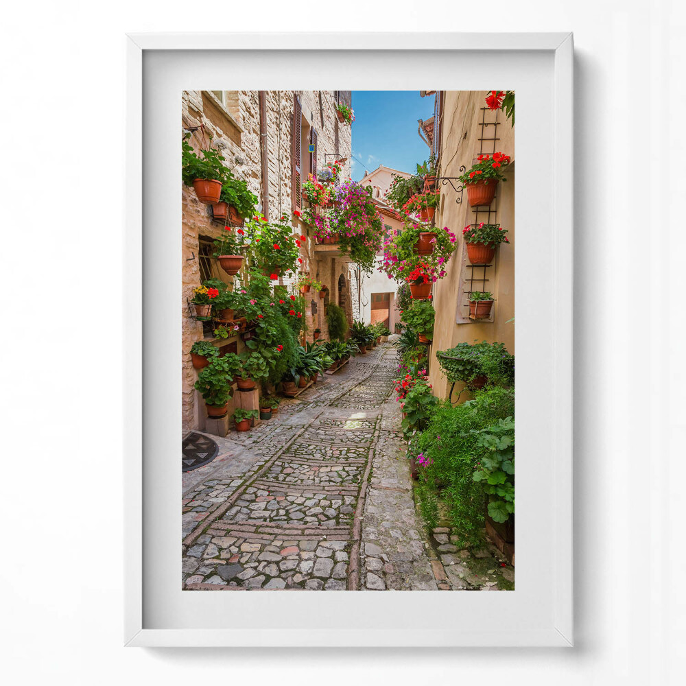 Függőleges kép keretben Virágos kanyargós utcácska