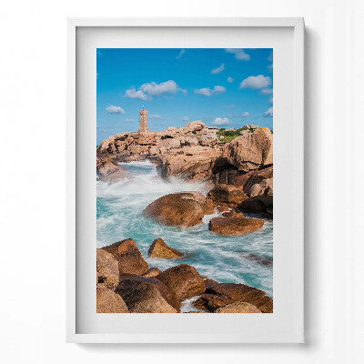 Függőleges kép keretben Tengerparti világítótorony sziklák között