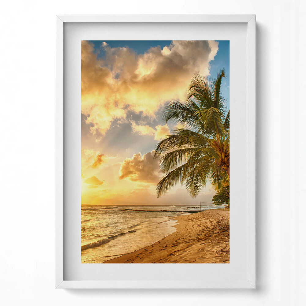 Függőleges kép keretben Tengerparti naplemente pálmafákkal
