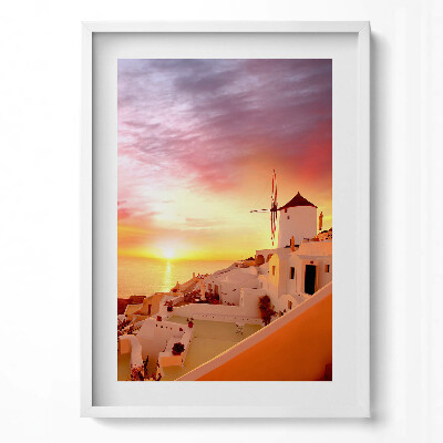 Függőleges kép keretben Naplemente fehér épületek szélmalom