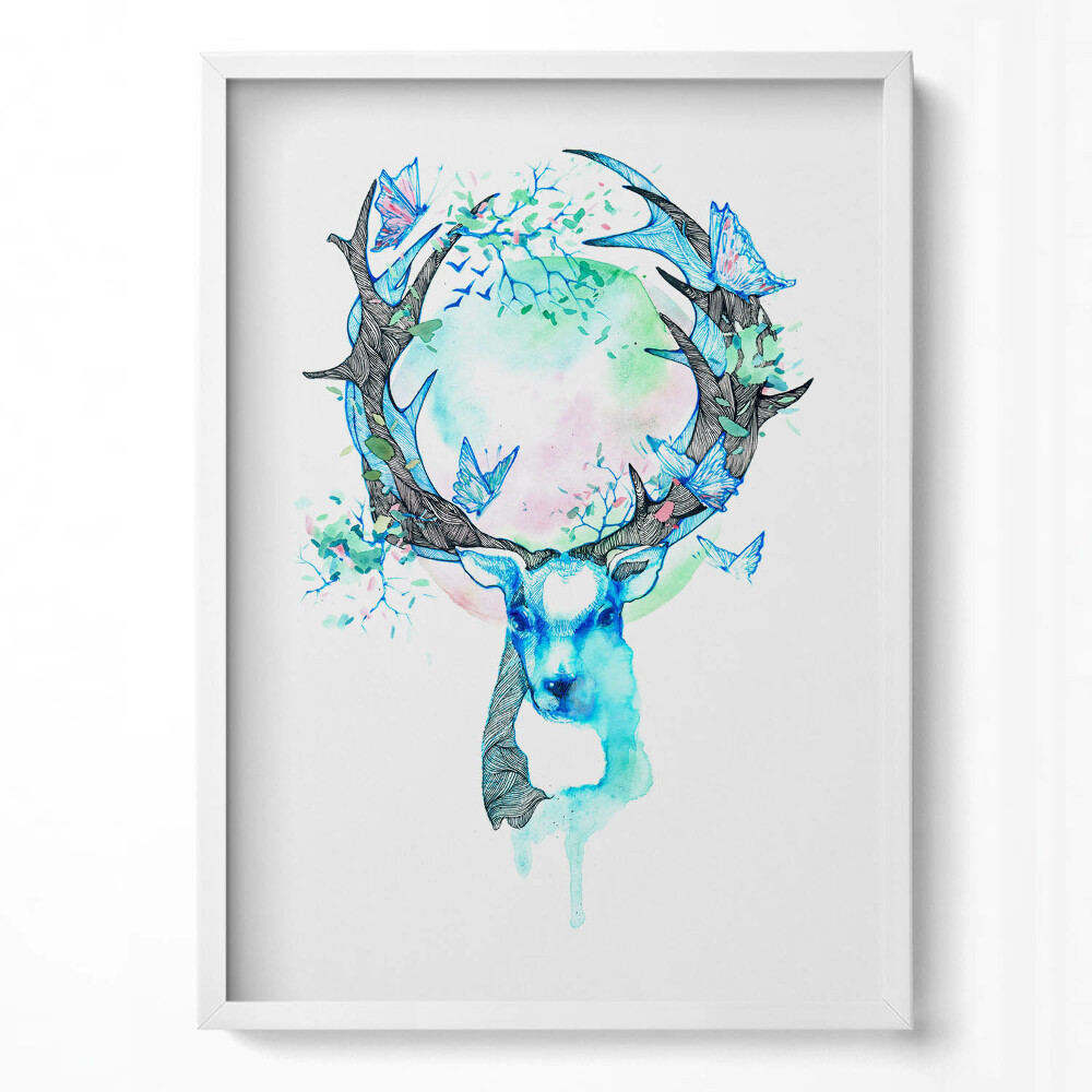 Függőleges kép keretben Szarvas fej virágokkal és pillangókkal