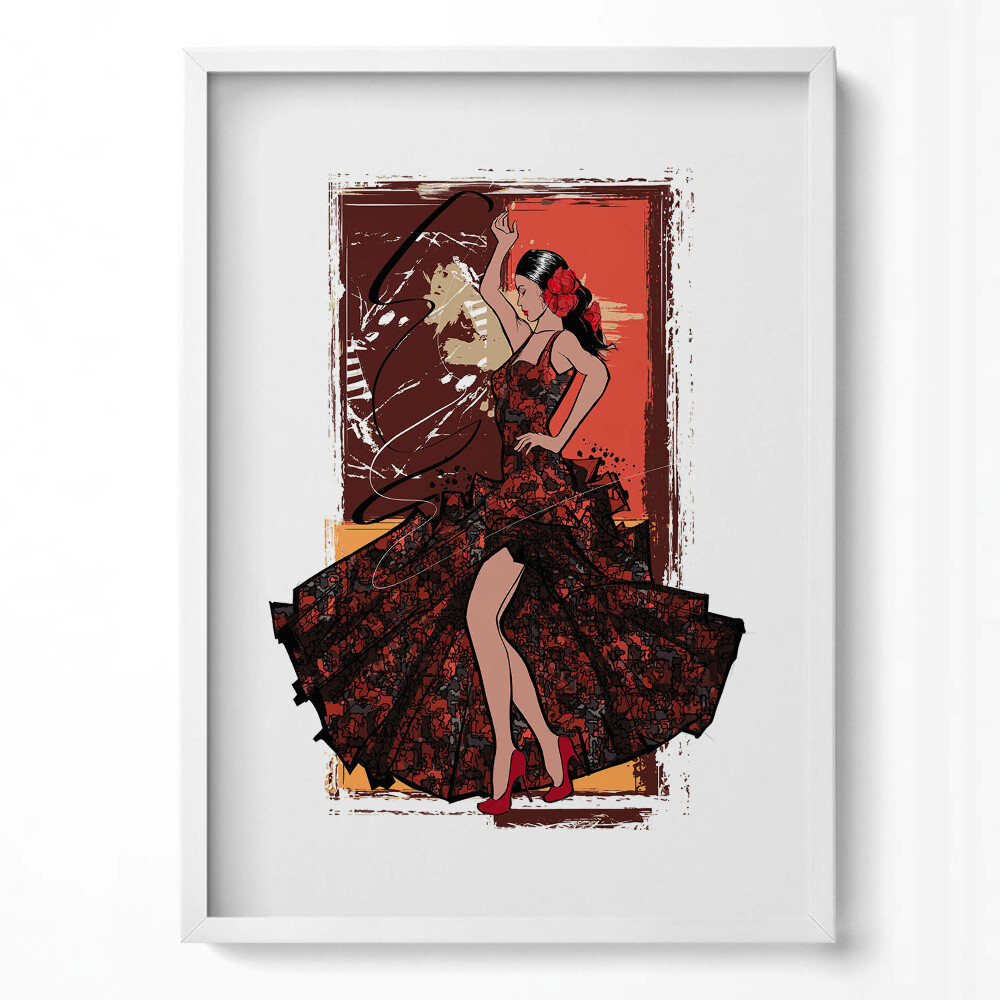 Függőleges kép keretben Táncoló nő piros ruhában