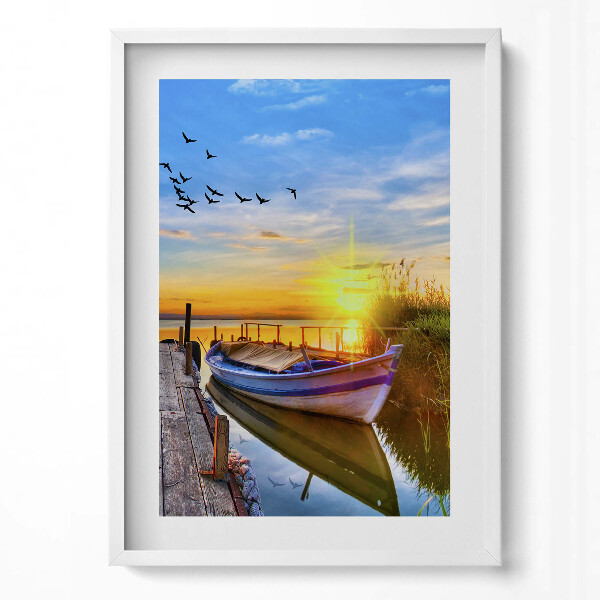 Függőleges kép keretben Naplemente hajó vízpart