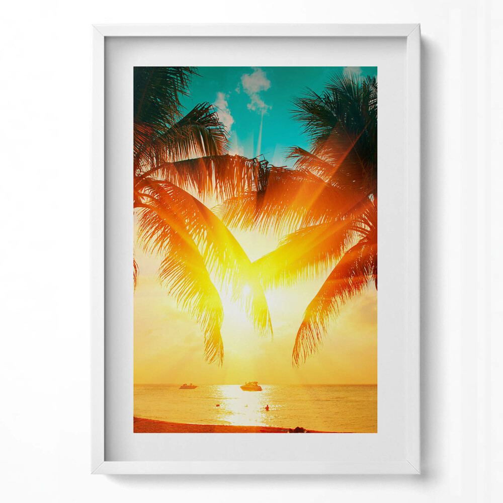 Függőleges kép keretben Naplemente pálmafákkal