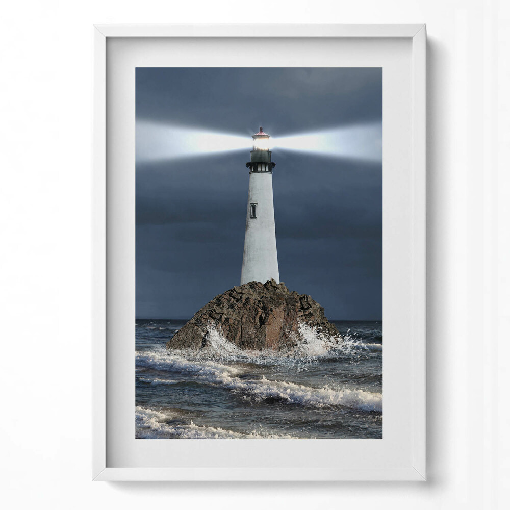 Függőleges kép keretben Világítótorony viharos tengerparton