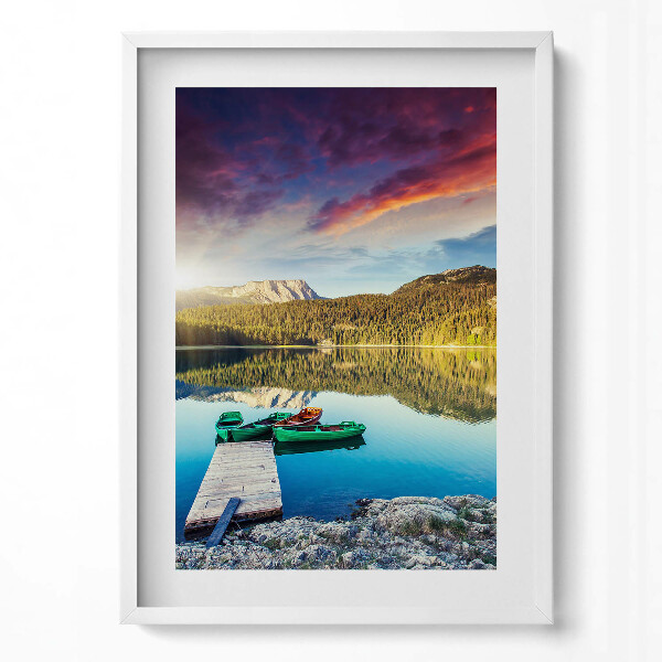 Függőleges kép keretben Tó csónakok naplemente