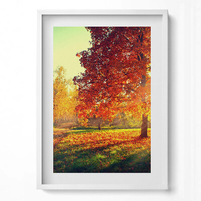 Függőleges kép keretben Őszi táj vörös falevelek