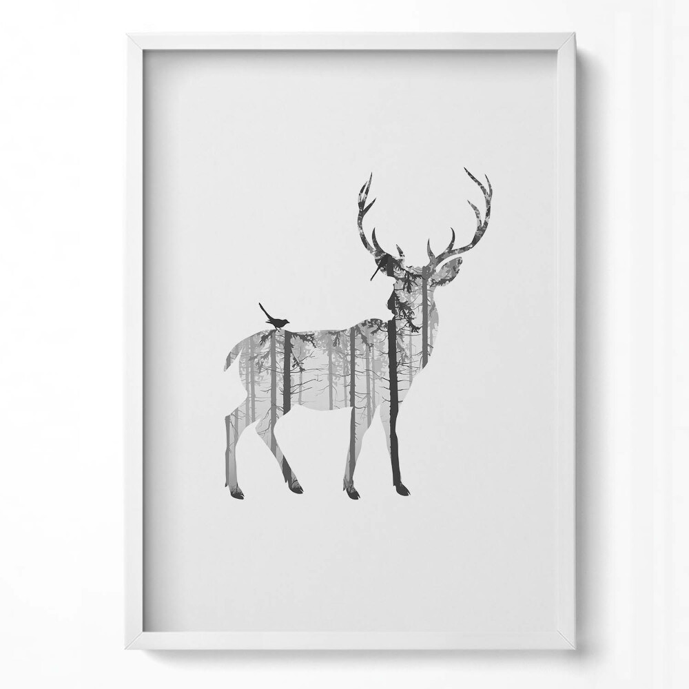 Függőleges kép keretben Szarvas és erdő sziluettje