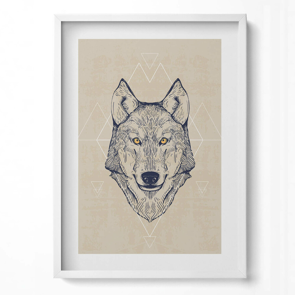 Függőleges kép keretben Farkasfej geometrikus háttérrel