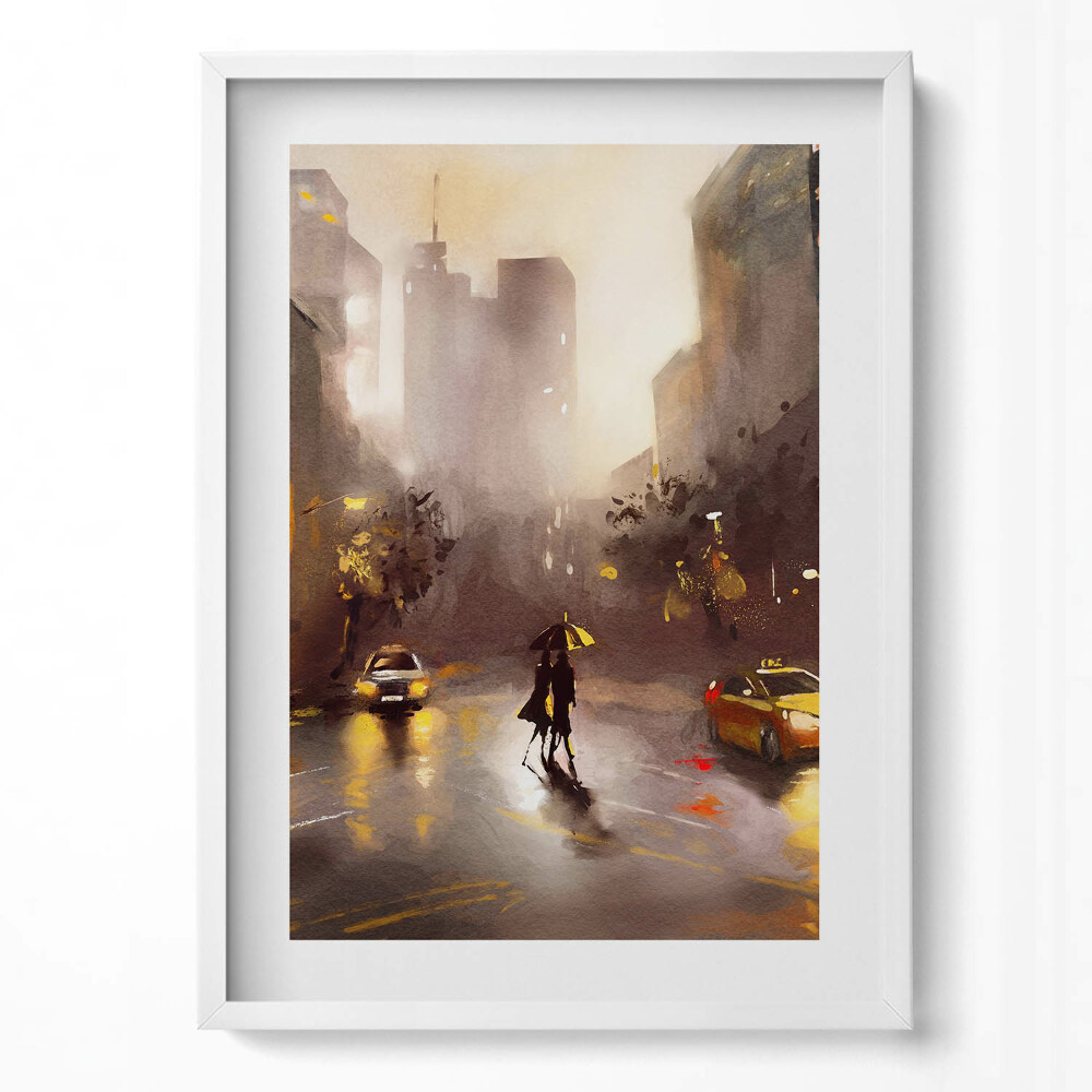 Függőleges kép keretben Esős városi táj ernyő alatt sétáló pár