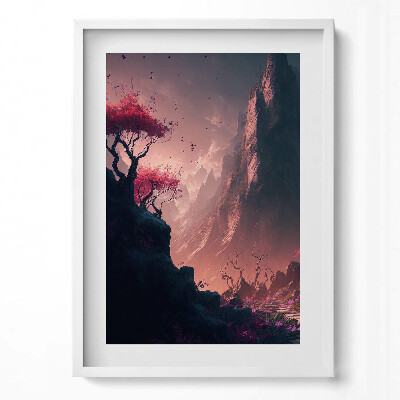 Függőleges kép keretben Hegyek virágzó fák misztikus táj