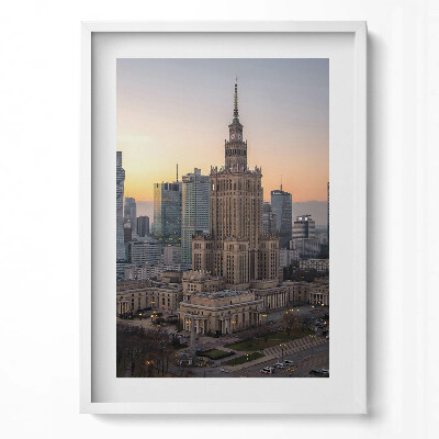 Függőleges kép keretben Varsói felhőkarcoló naplementében