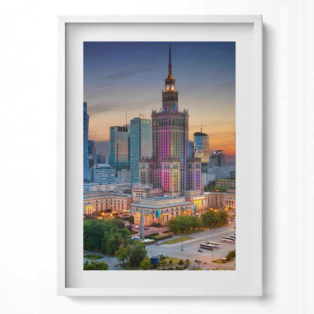 Függőleges kép keretben Varsói felhőkarcolók naplementében