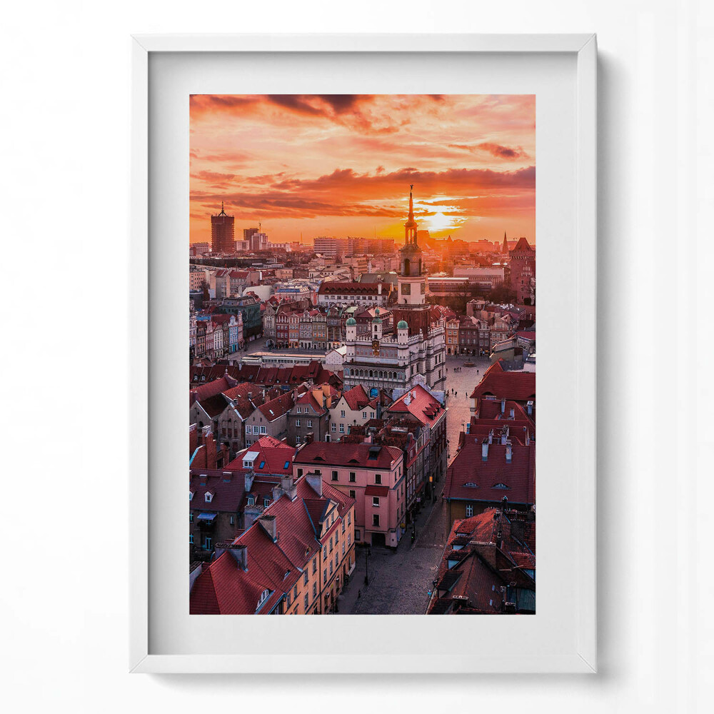 Függőleges kép keretben Naplemente városi tájképe