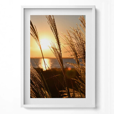 Függőleges kép keretben Naplemente fűvel a vízparton