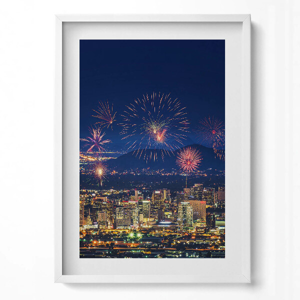 Függőleges kép keretben Tűzijáték városi háttérrel