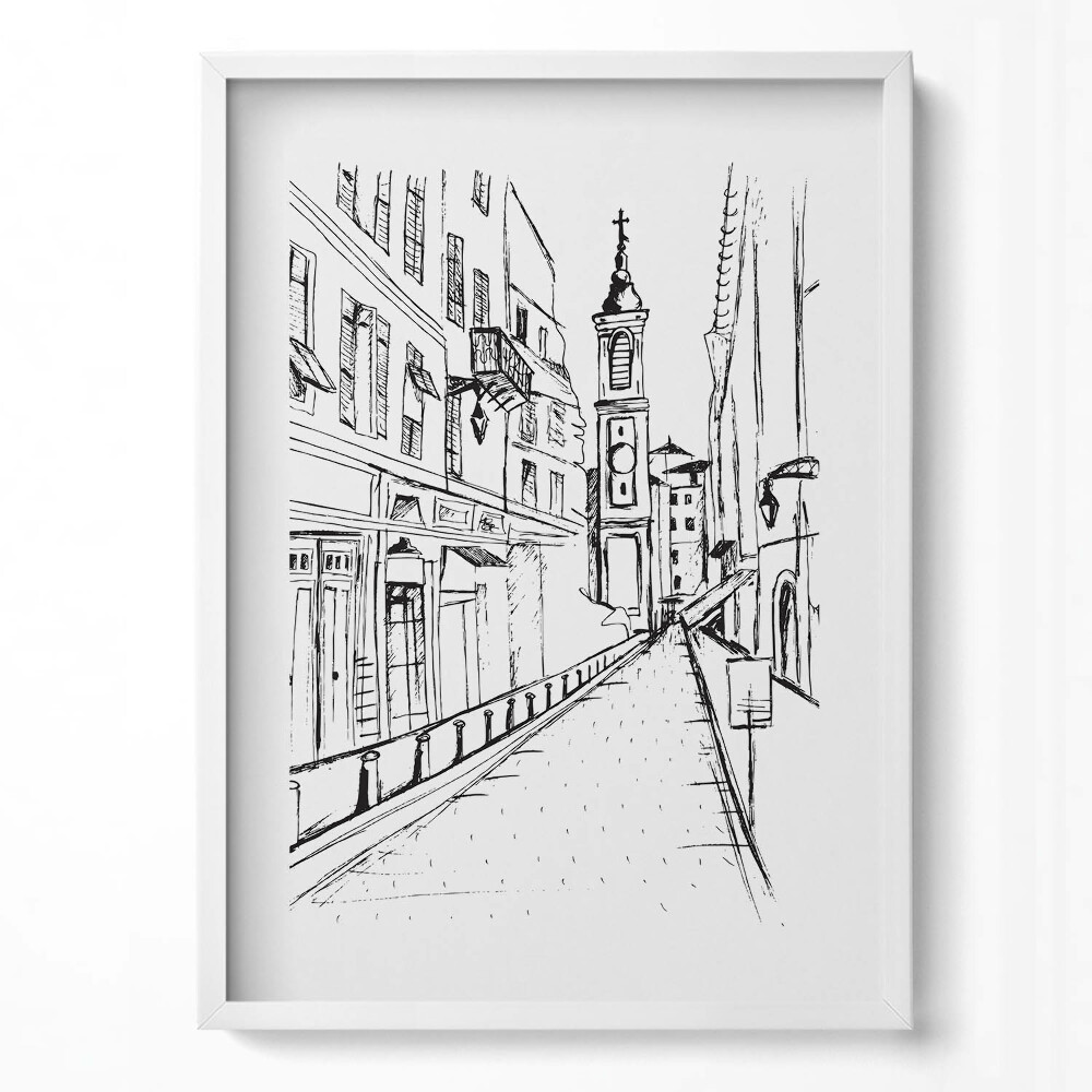 Függőleges kép keretben Városi táj vonalrajz stílusban