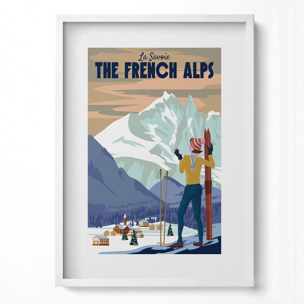 Függőleges kép keretben Síelő a francia Alpokban