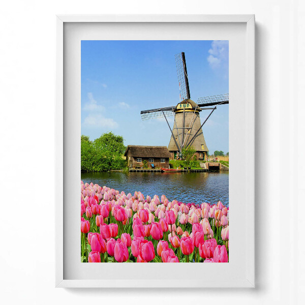 Függőleges kép keretben Tavaszi virágok és szélmalom