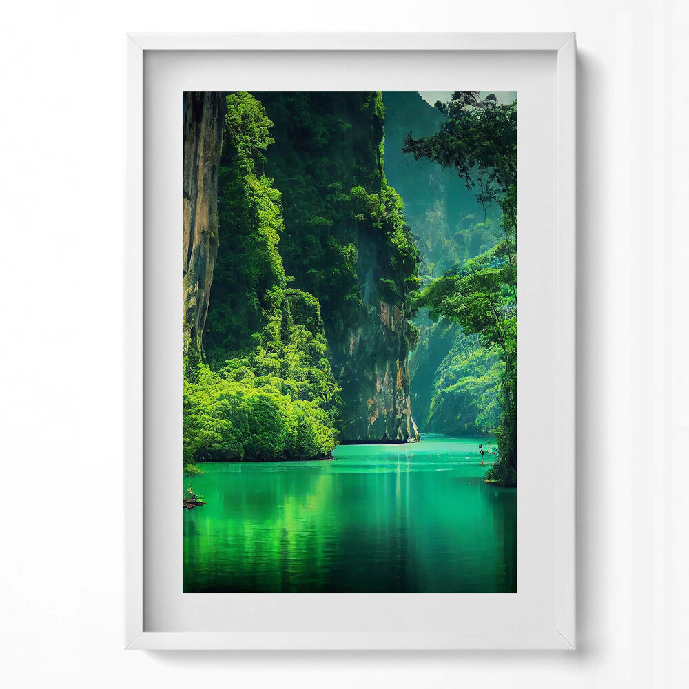 Függőleges kép keretben Zöld hegyek és vízpart