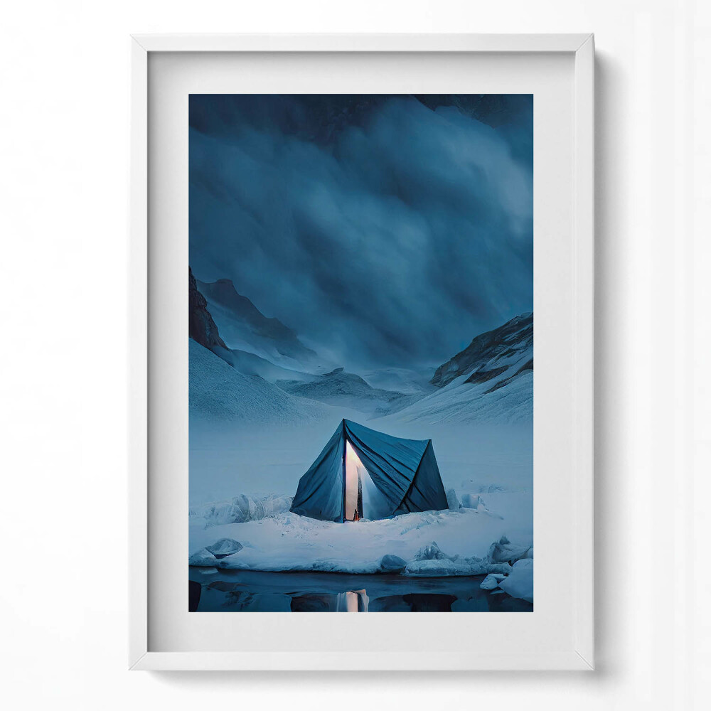 Függőleges kép keretben Havas táj kék sátor