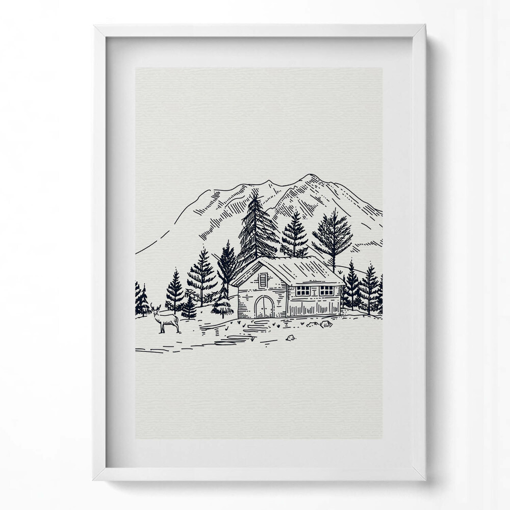 Függőleges kép keretben Hegyek erdő ház állatok