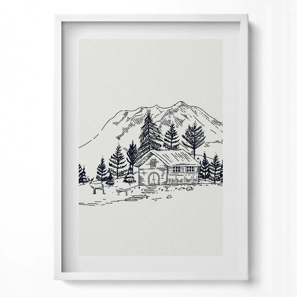 Függőleges kép keretben Hegyek erdő ház állatok