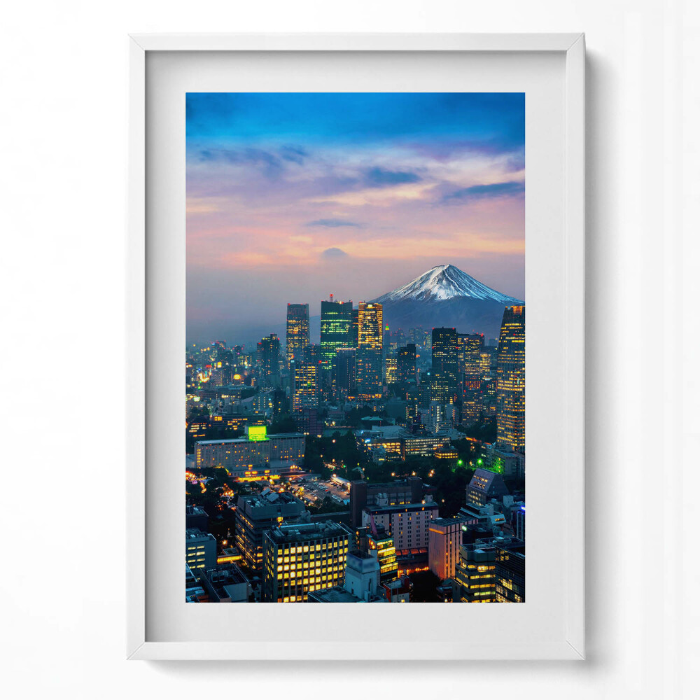 Függőleges kép keretben Fujijama hegy és városi táj