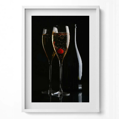 Függőleges kép keretben Két pezsgőspohár és egy palack