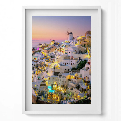 Függőleges kép keretben Fehér házak naplemente szélmalmok