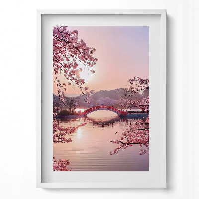 Függőleges kép keretben Virágzó cseresznye híd tó