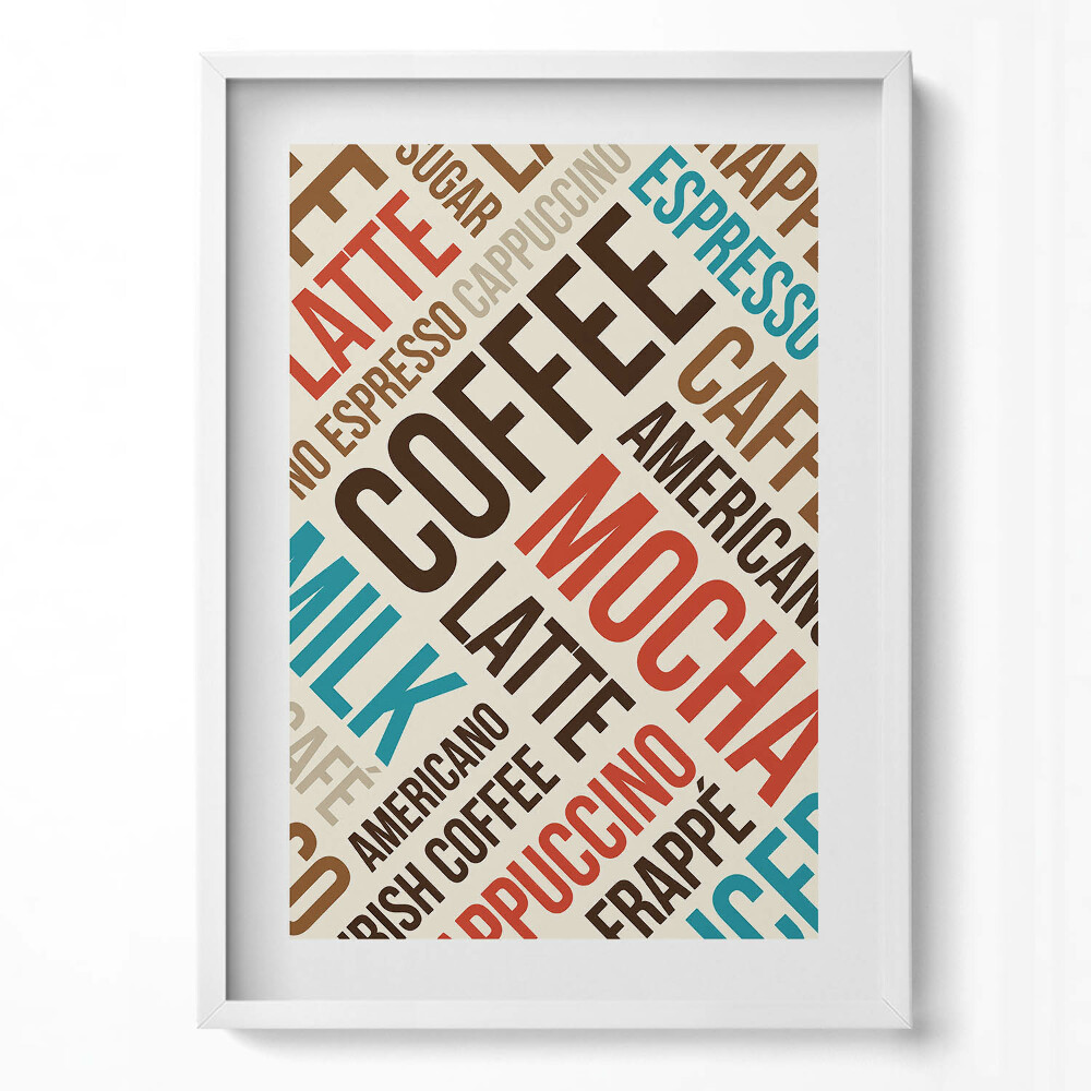 Függőleges kép keretben Kávéfajták színes feliratai