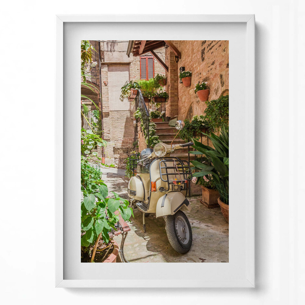 Függőleges kép keretben Vespa robogó egy virágos udvarban