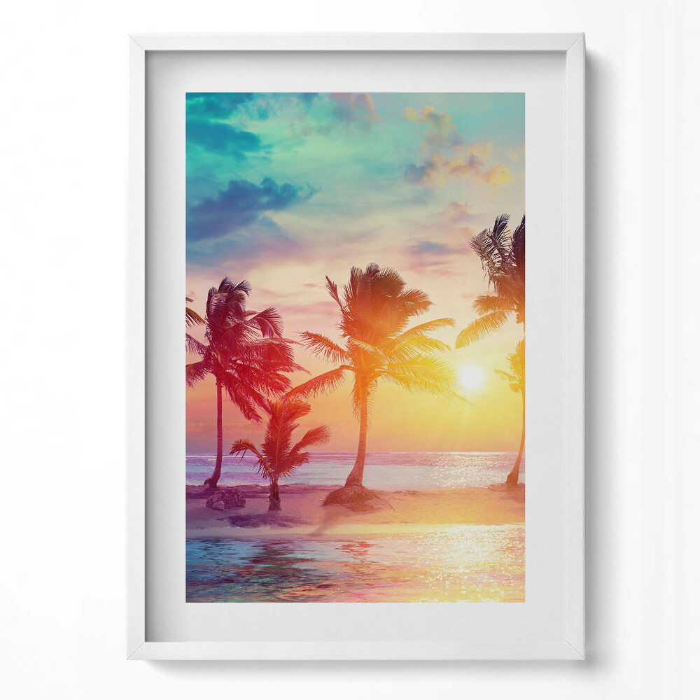 Függőleges kép keretben Trópusi naplemente pálmafákkal