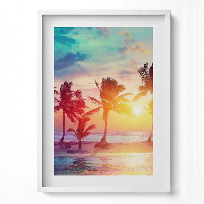 Függőleges kép keretben Trópusi naplemente pálmafákkal