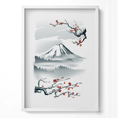 Függőleges kép keretben Hegyi táj virágzó ágak