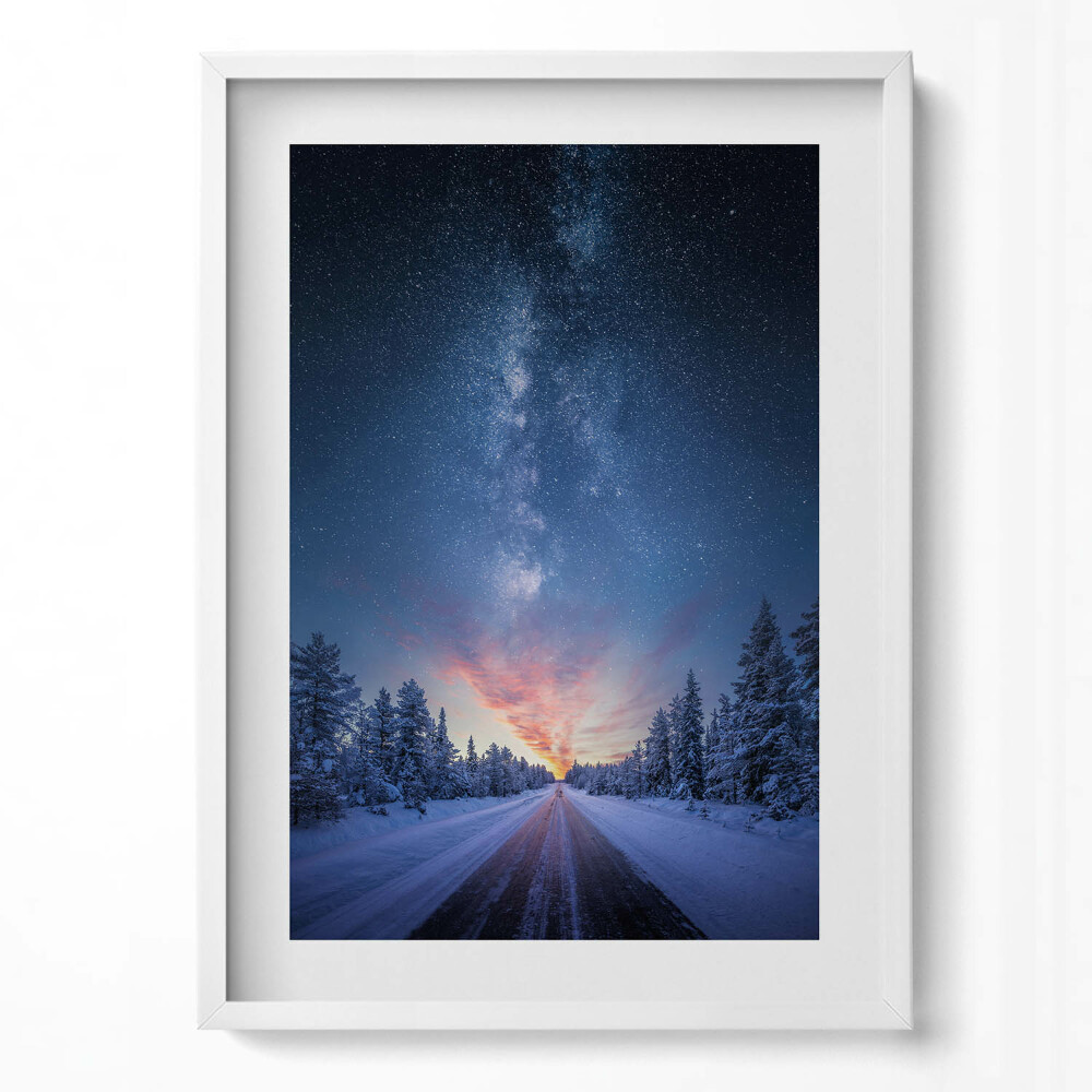 Függőleges kép keretben Téli táj csillagos égbolttal