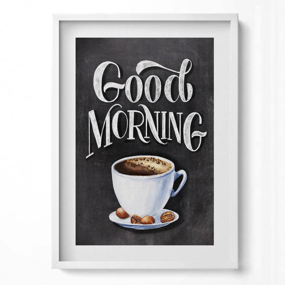 Függőleges kép keretben Felirat a konyhába "Good morning" egy csésze kávéval