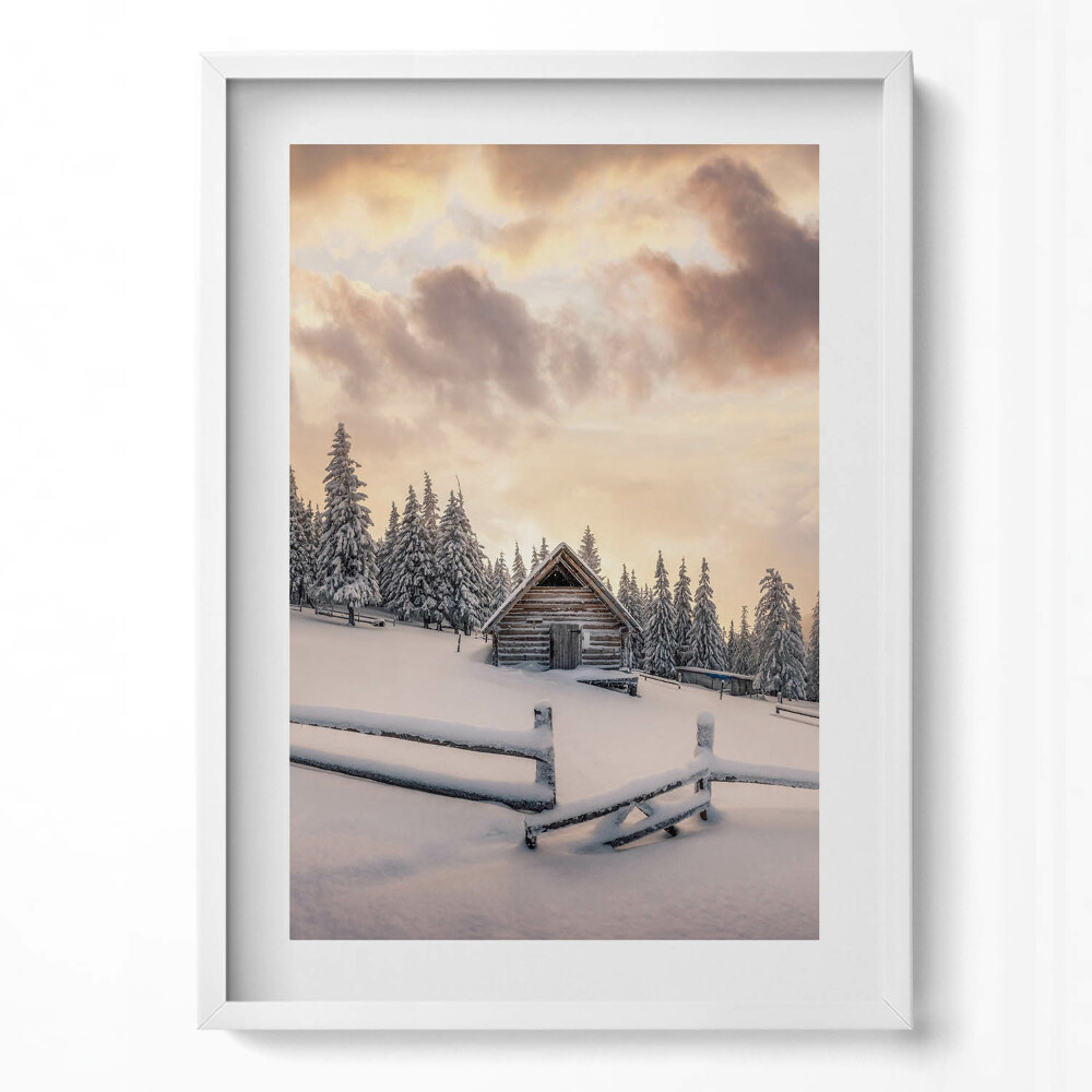 Függőleges kép keretben Téli táj hóval borított ház