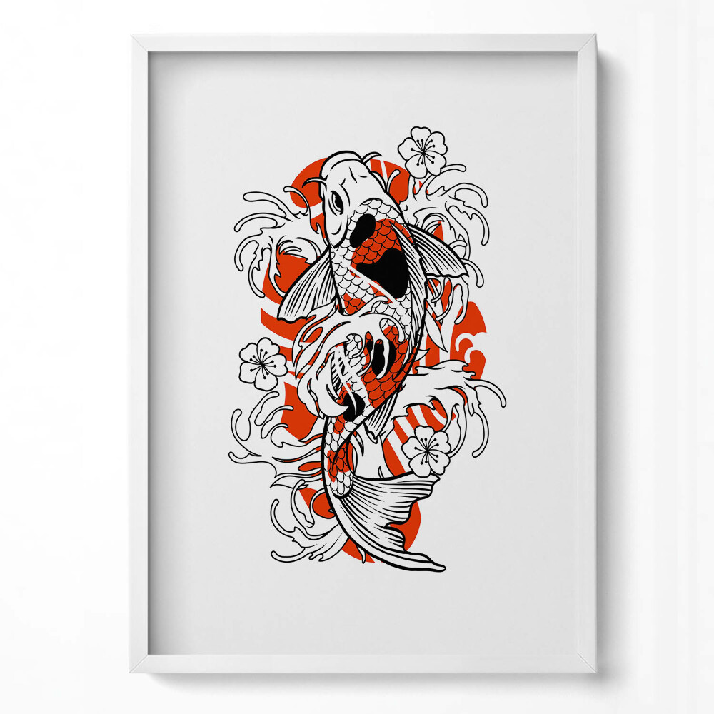 Függőleges kép keretben Koi hal virágokkal