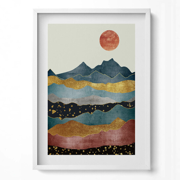 Függőleges kép keretben Absztrakt táj hegyek és nap