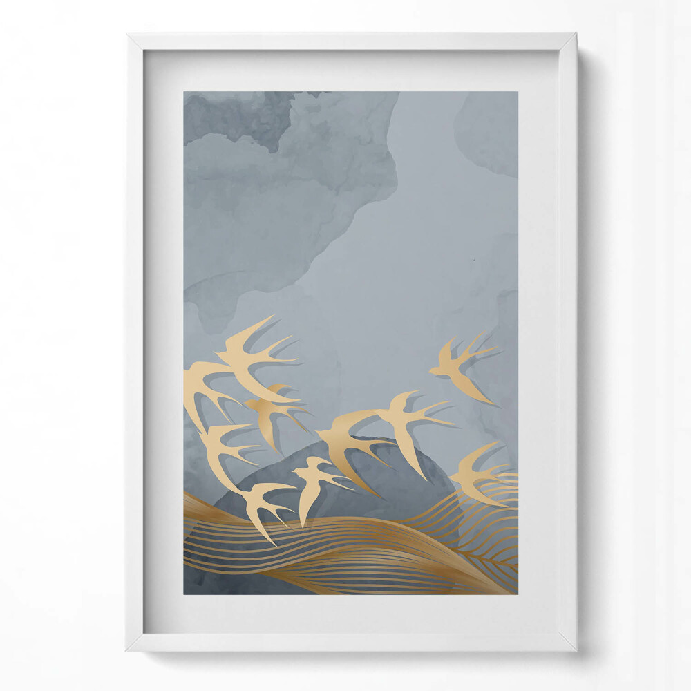 Függőleges kép keretben Absztrakt madármotívum arany színben