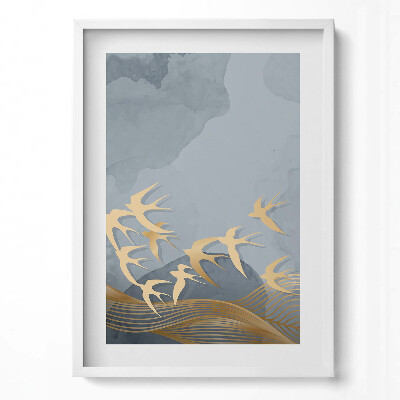 Függőleges kép keretben Absztrakt madármotívum arany színben