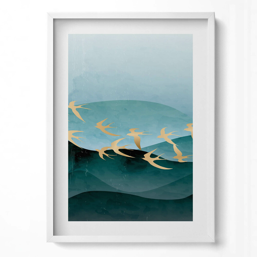 Függőleges kép keretben Absztrakt vízi táj aranymadarak