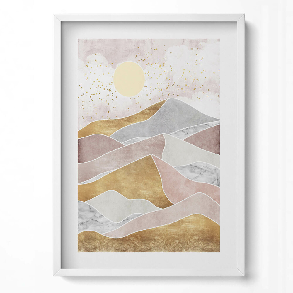 Függőleges kép keretben Absztrakt táj hegyek és nap