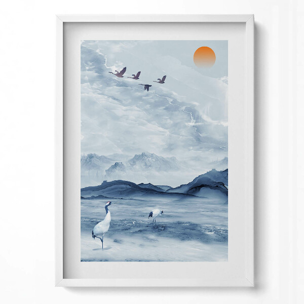 Függőleges kép keretben Tó darvak hegyek naplemente