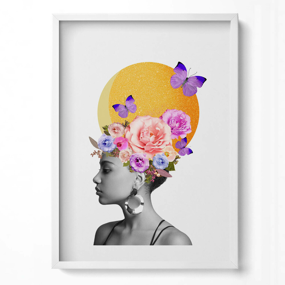 Függőleges kép keretben Virágokkal díszített női profil