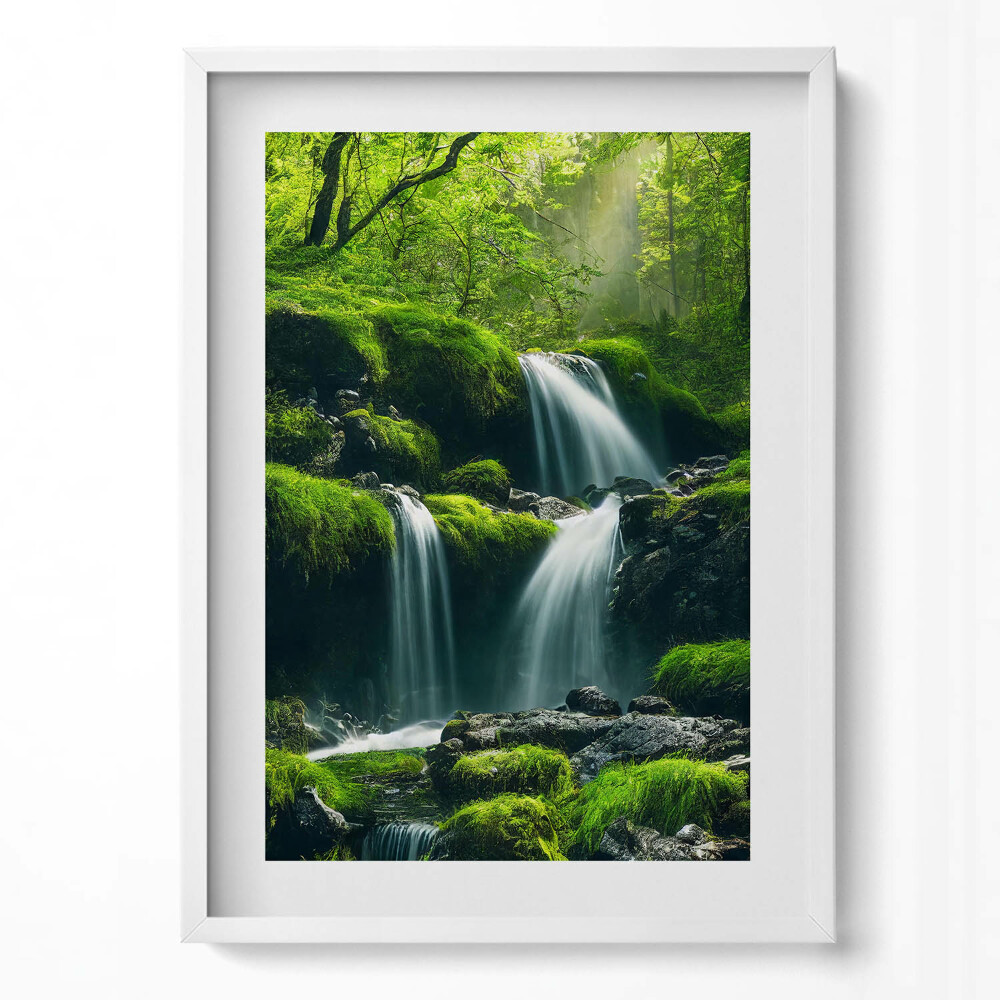 Függőleges kép keretben Zöldellő vízesés erdőben