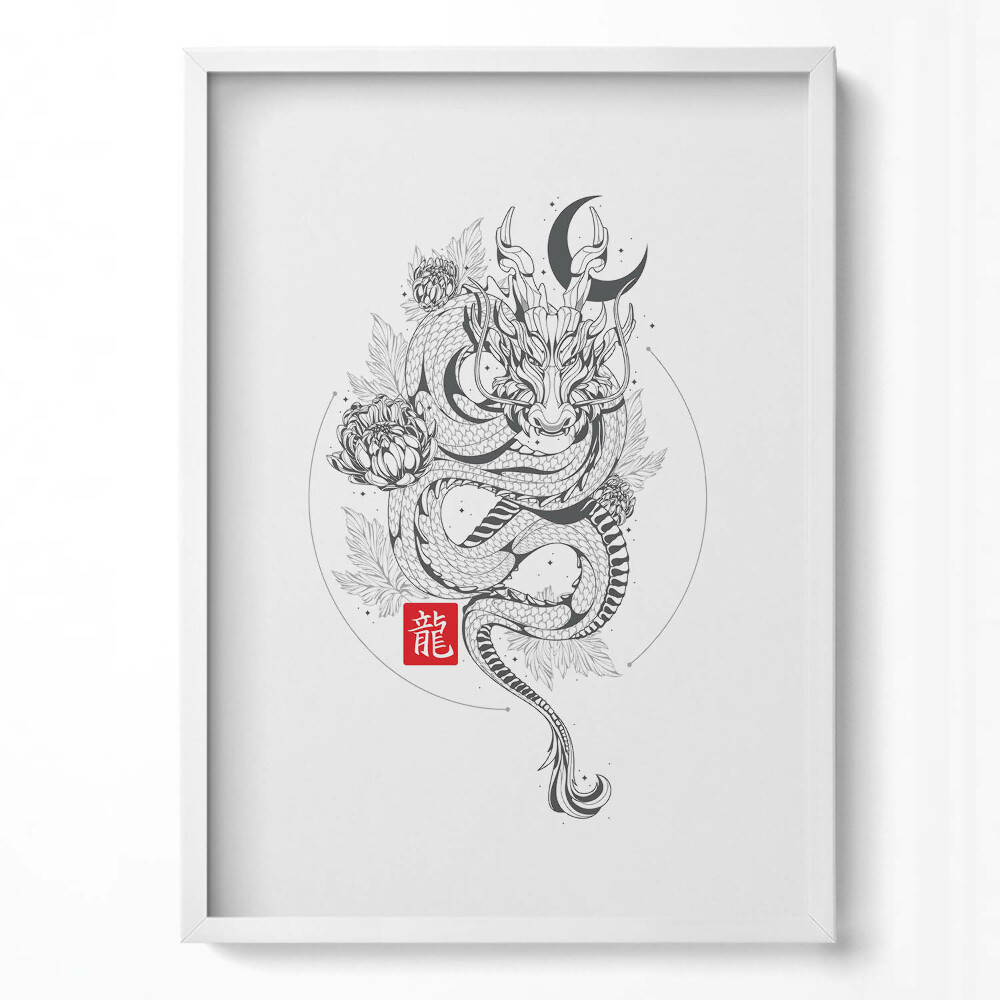 Függőleges kép keretben Sárkány és virágmotívum