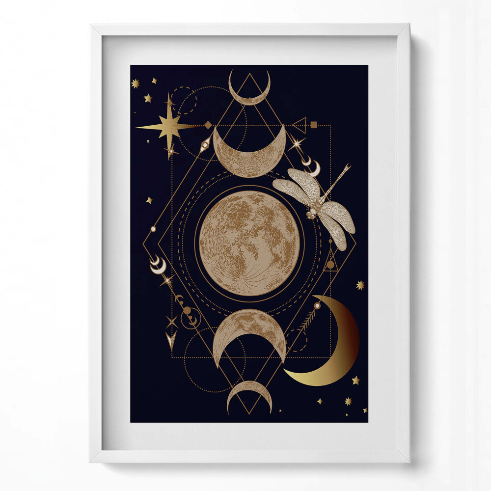 Függőleges kép keretben Kozmosz és szitakötő varázslatos kompozíciója